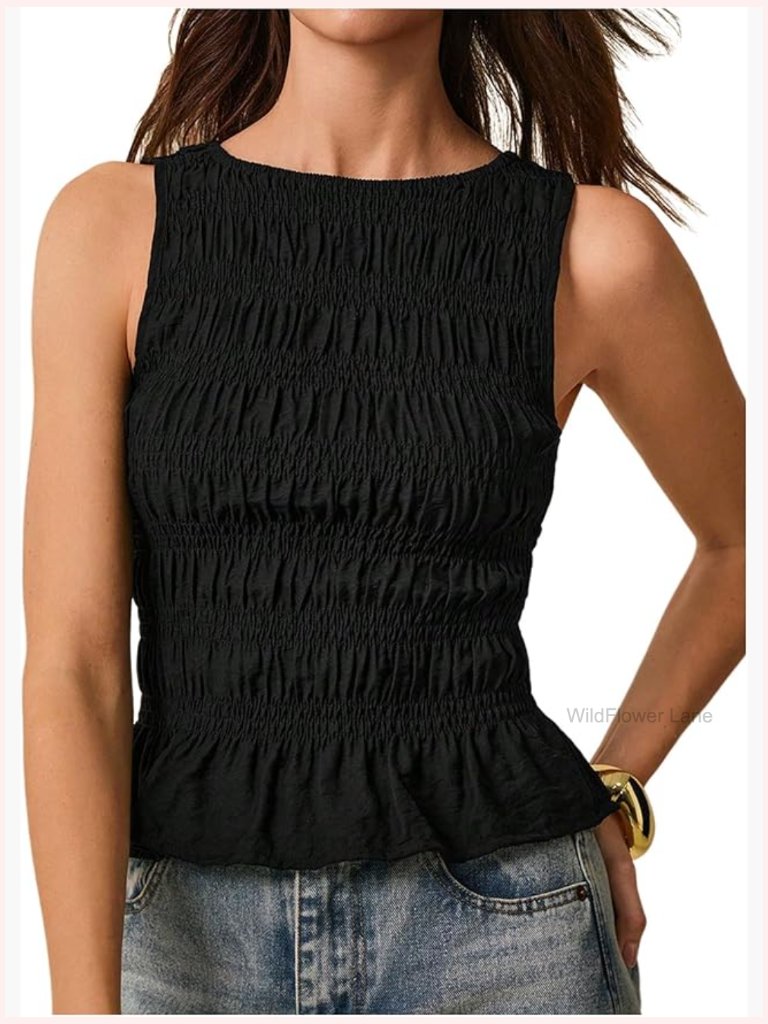Sleeveless Crewneck Frill Smocked Ruffle Crop Tank Top